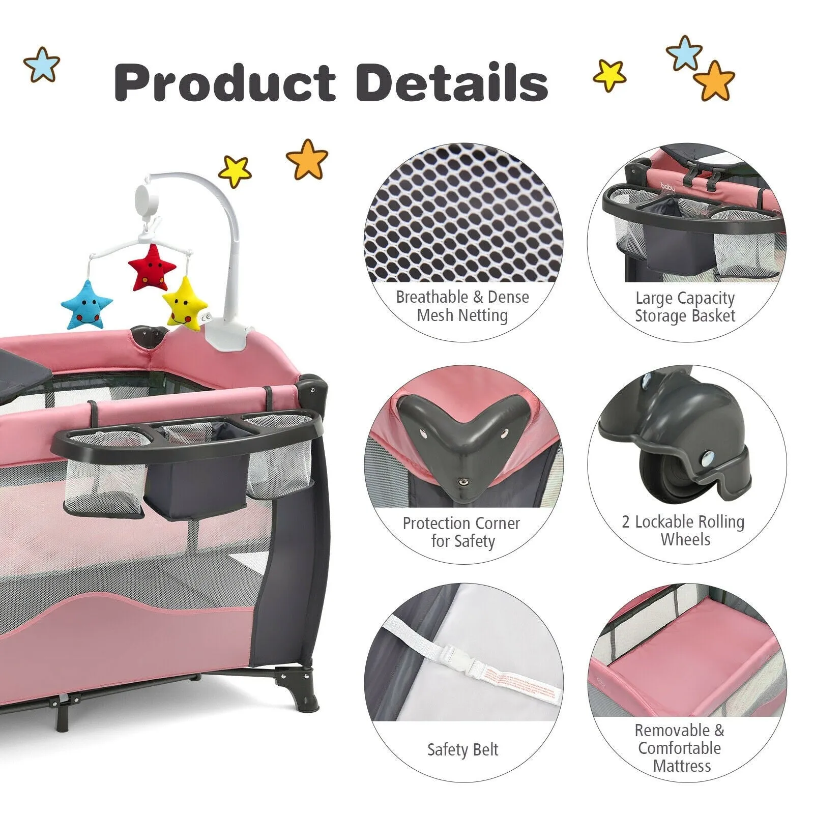 3 in 1 Baby Playard Portable Infant Nursery Center with Music Box-Pink