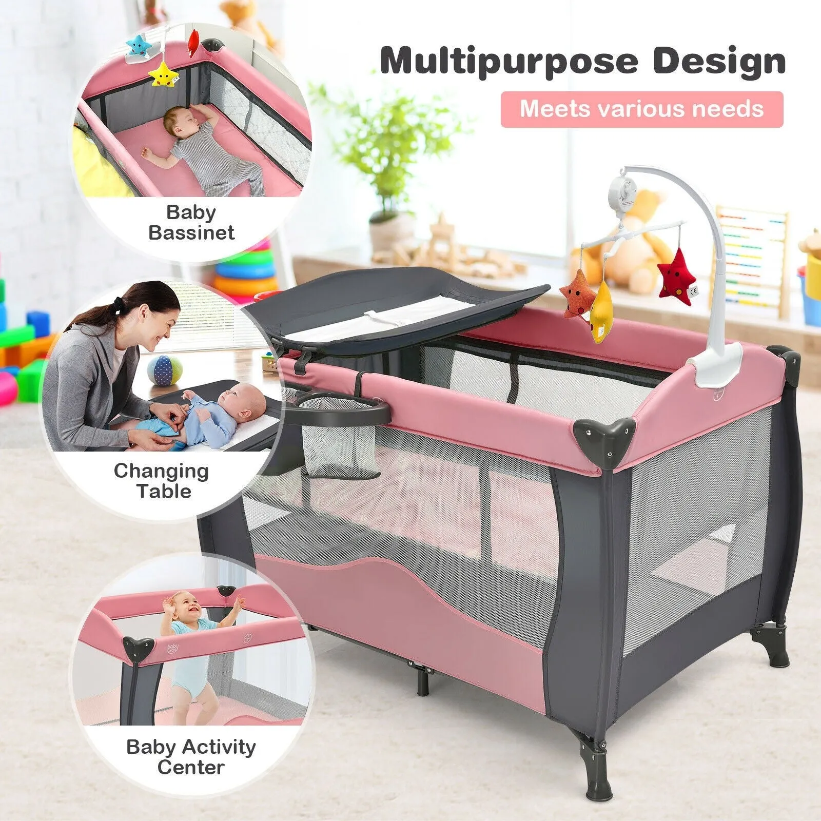 3 in 1 Baby Playard Portable Infant Nursery Center with Music Box-Pink