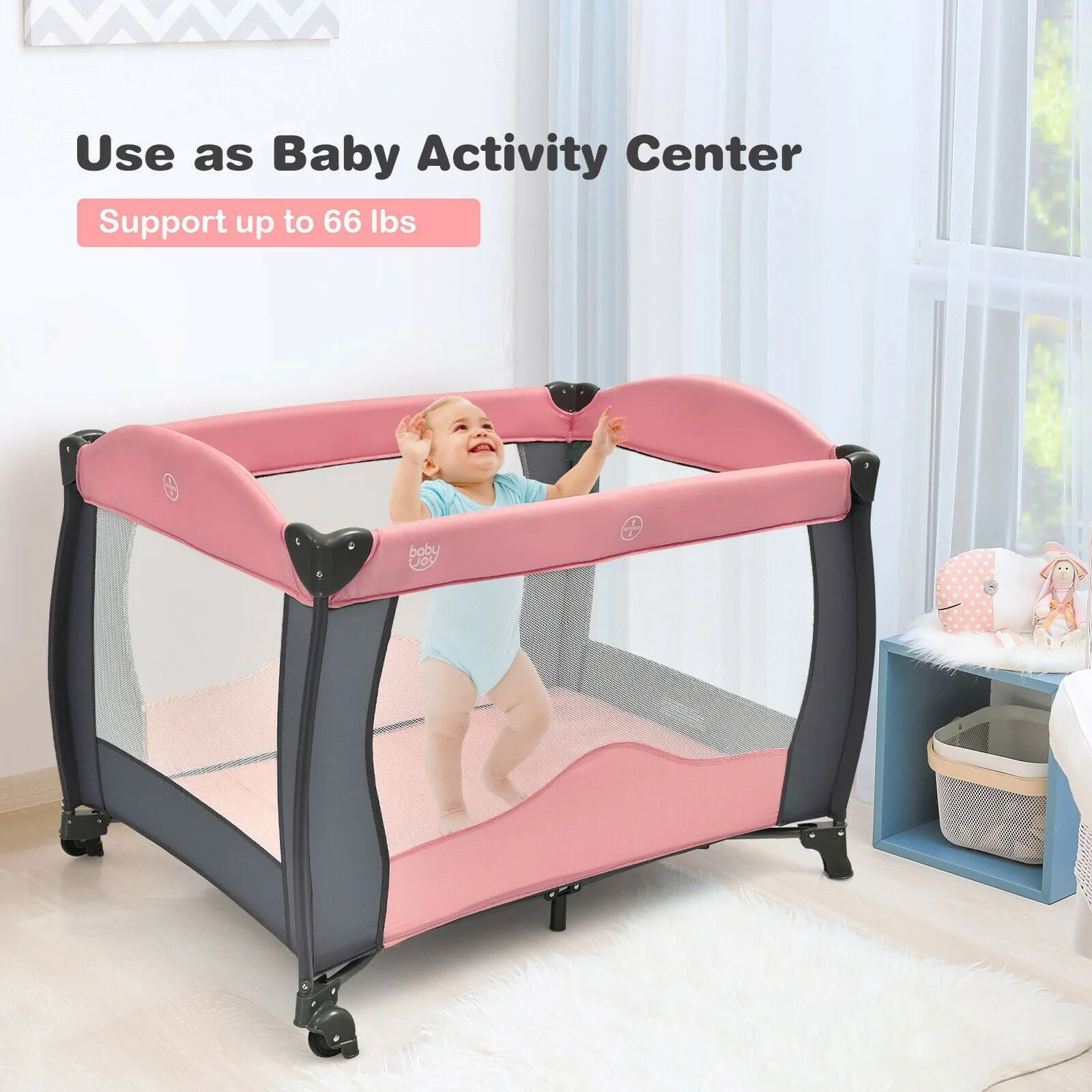 3 in 1 Baby Playard Portable Infant Nursery Center with Music Box-Pink