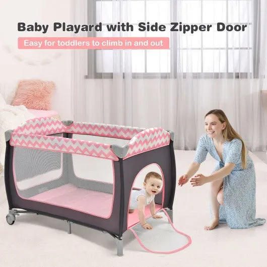 3 in 1 Portable Baby Playard with Zippered Door and Toy Bar-Pink