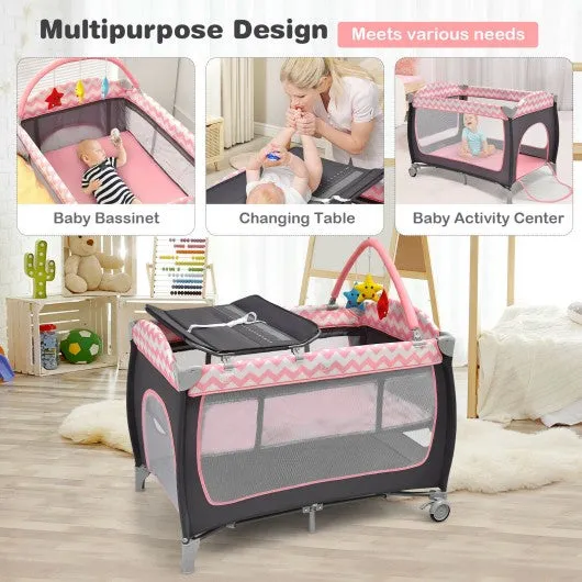 3 in 1 Portable Baby Playard with Zippered Door and Toy Bar-Pink