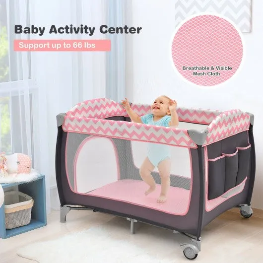 3 in 1 Portable Baby Playard with Zippered Door and Toy Bar-Pink