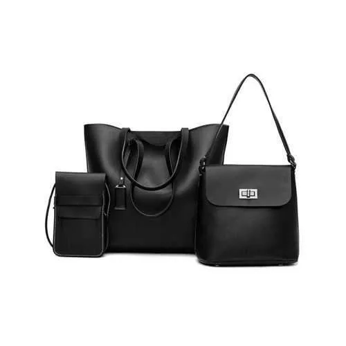 3 Pieces Classic PU Leather Tote Bag Shoulder Bag and Phone Bag - Black