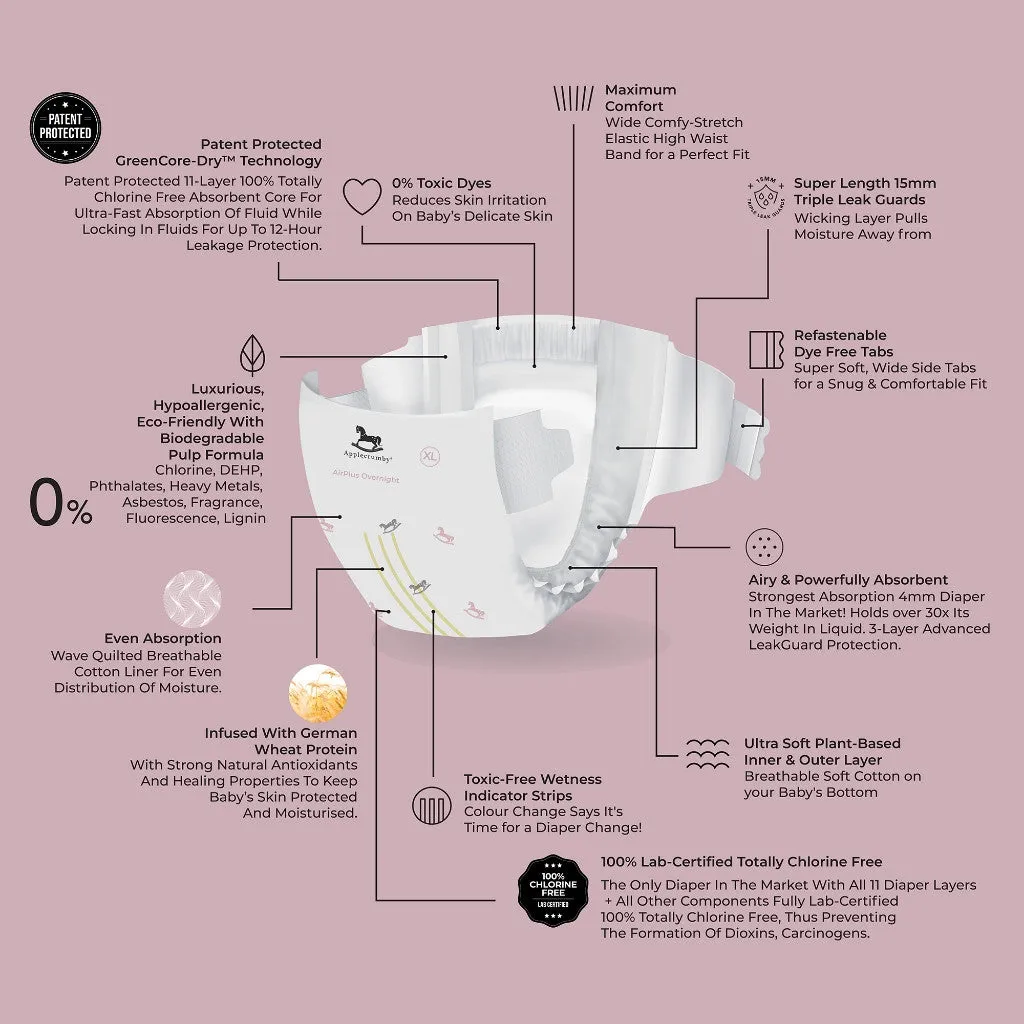 Applecrumby AirPlus Overnight Tape Diapers - S56 / M52 / L48 / XL42