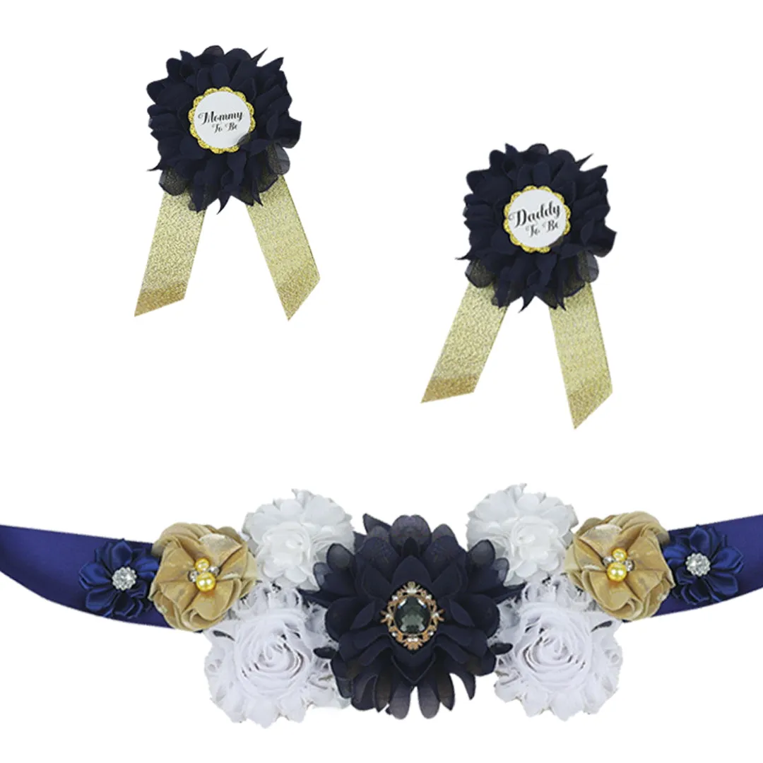 Babymoon Set of 3 Pregnant Mothers Maternity Belt with Mom & Dad Badges - Dark Blue