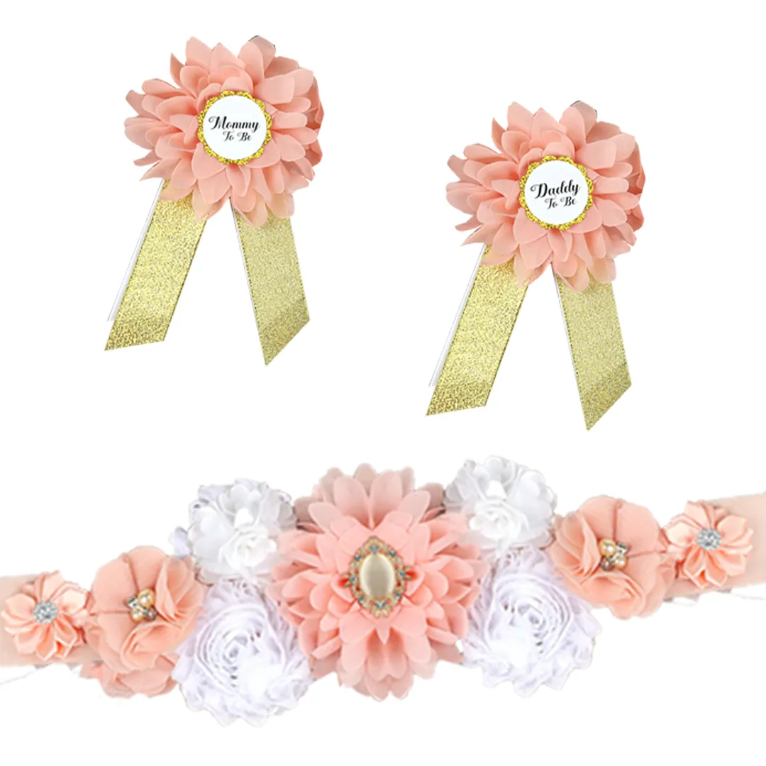 Babymoon Set of 3 Pregnant Mothers Maternity Belt with Mom & Dad Badges - Peach