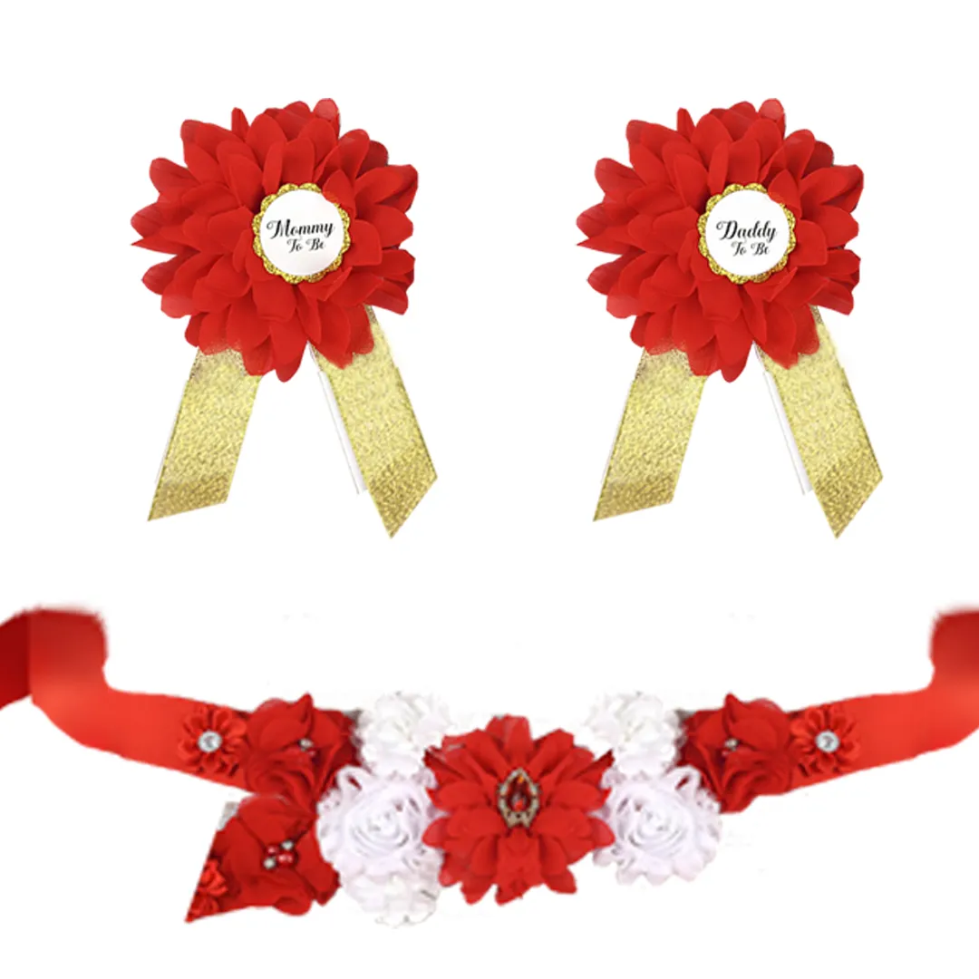 Babymoon Set of 3 Pregnant Mothers Maternity Belt with Mom & Dad Badges - Red