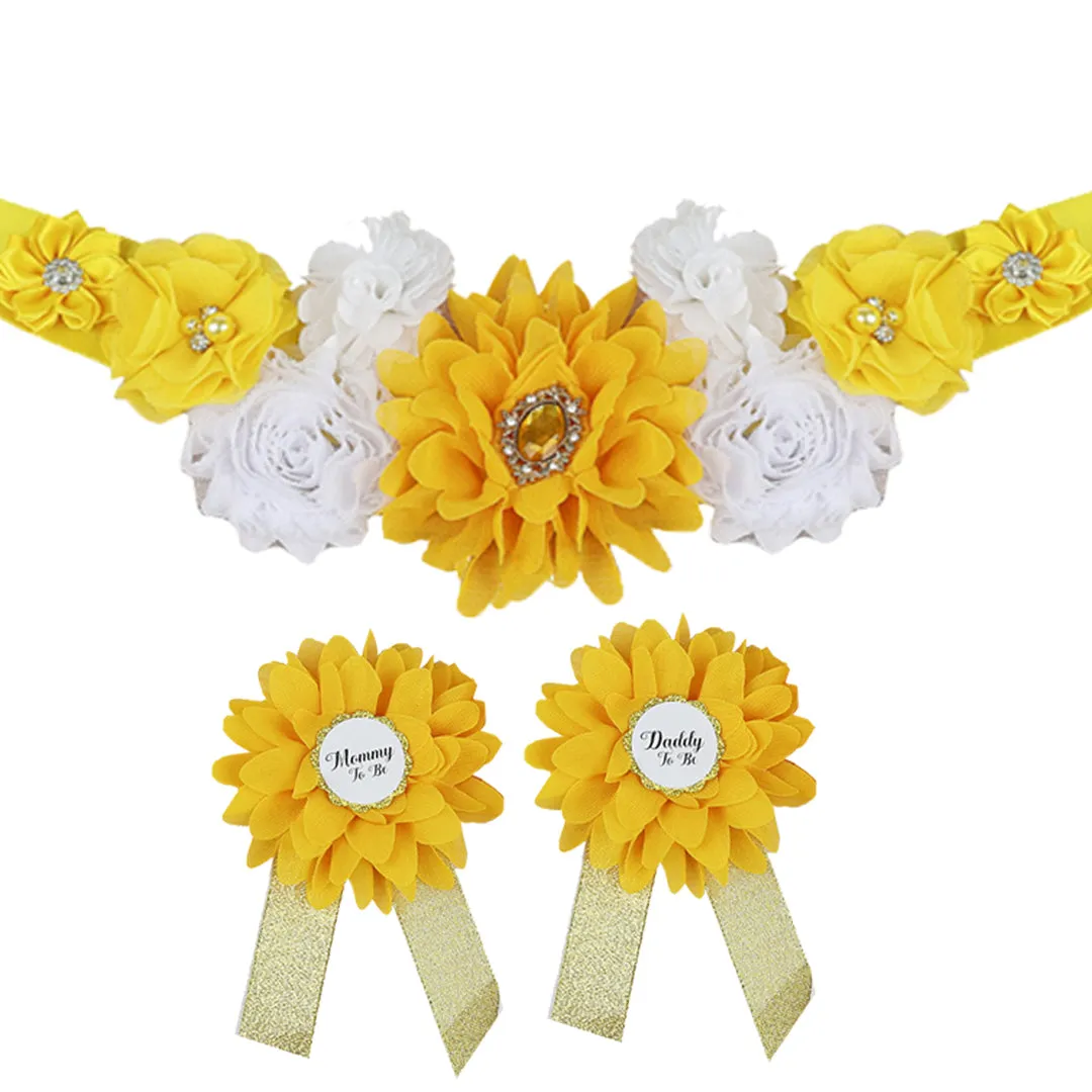 Babymoon Set of 3 Pregnant Mothers Maternity Belt with Mom & Dad Badges - Yellow