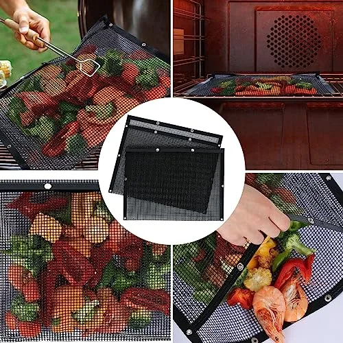 BBQ Mesh Grilling Bags Set 2 Grill Accessories BBQ Tools Reusable Non-Stick Grill Bag for Charcoal Gas Electric Smokers Grillers Camper Heat Resistant Barbecue Bag Vegetables Grilling Pouches Large