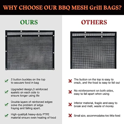 BBQ Mesh Grilling Bags Set 2 Grill Accessories BBQ Tools Reusable Non-Stick Grill Bag for Charcoal Gas Electric Smokers Grillers Camper Heat Resistant Barbecue Bag Vegetables Grilling Pouches Large