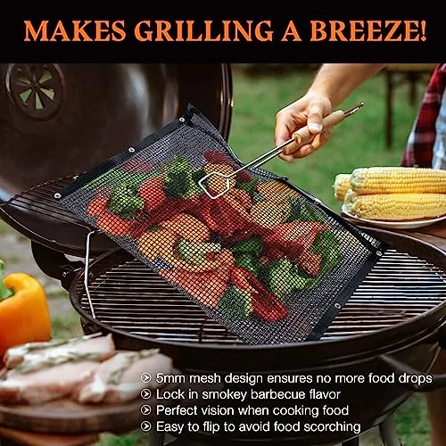 BBQ Mesh Grilling Bags Set 2 Grill Accessories BBQ Tools Reusable Non-Stick Grill Bag for Charcoal Gas Electric Smokers Grillers Camper Heat Resistant Barbecue Bag Vegetables Grilling Pouches Large