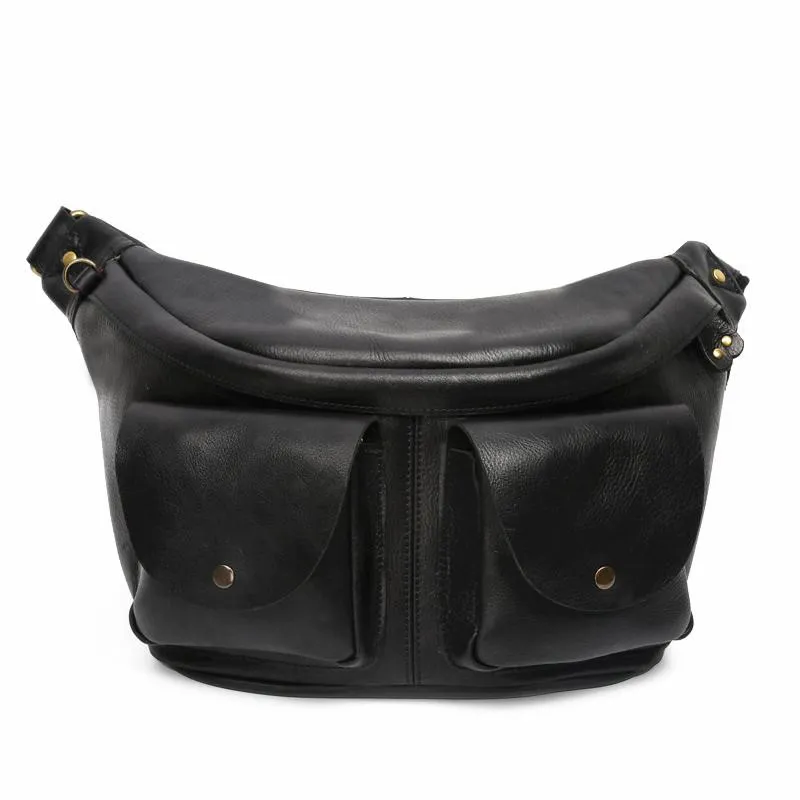 Black LEATHER MENS 10 inches FANNY PACK FOR MEN BUMBAG Sling Bag WAIST BAGS FOR MEN