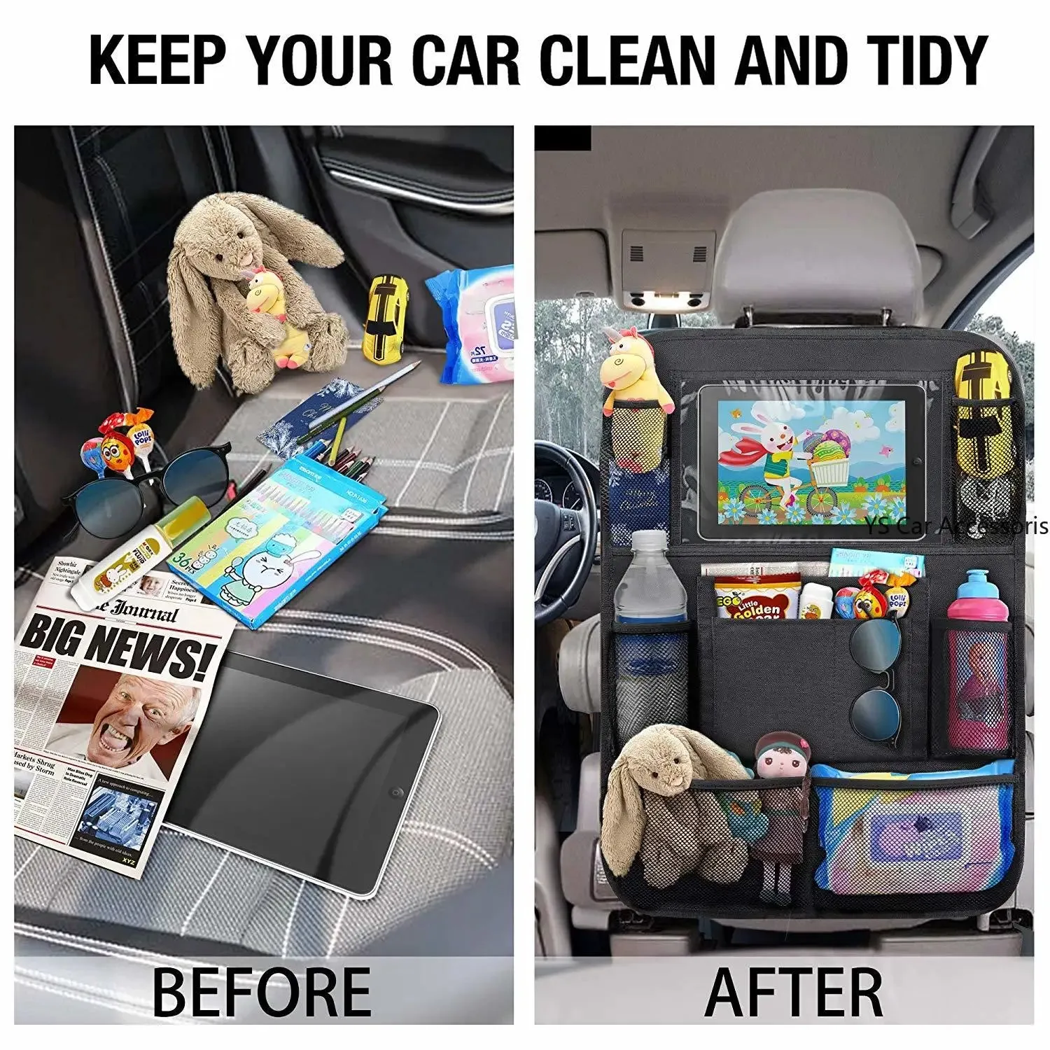 Car Back Seat Organizer with Touch Screen Tablet Holder for Kids & All Others - Black, Car Seat Back Bag Featuring kick mats,  a pocket for toys, Mesh Pocket with waterproof Design - Perfect Gift for Kids & Family