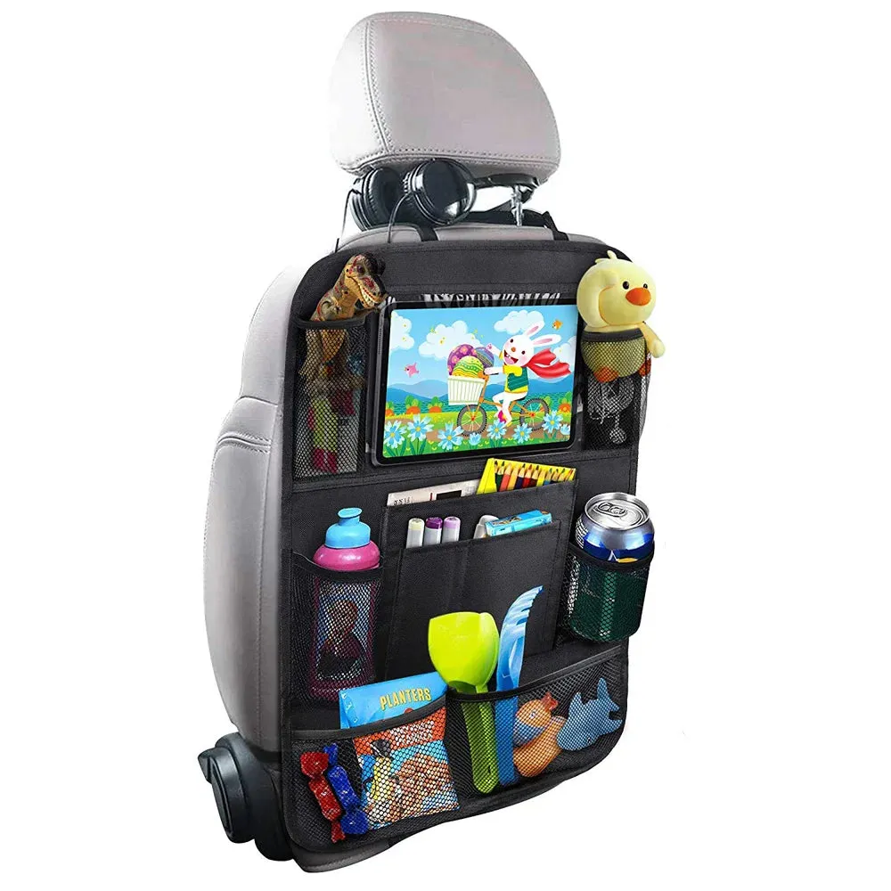 Car Back Seat Organizer with Touch Screen Tablet Holder for Kids & All Others - Black, Car Seat Back Bag Featuring kick mats,  a pocket for toys, Mesh Pocket with waterproof Design - Perfect Gift for Kids & Family