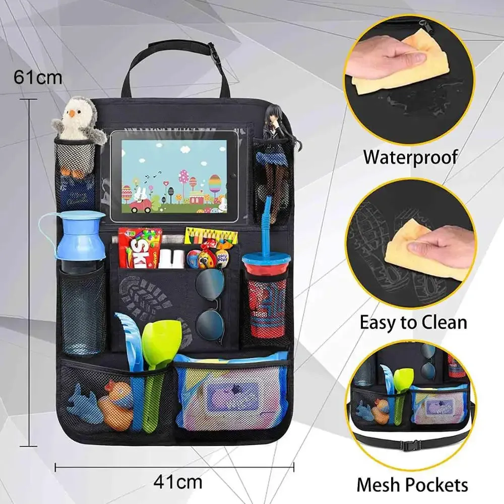 Car Back Seat Organizer with Touch Screen Tablet Holder for Kids & All Others - Black, Car Seat Back Bag Featuring kick mats,  a pocket for toys, Mesh Pocket with waterproof Design - Perfect Gift for Kids & Family