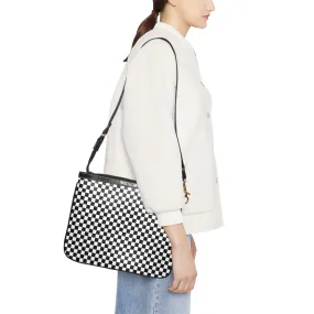 Check Print Small Shoulder Bag, Black White Checkered Women Leather Unique Cross Evening Travel Handmade Messenger Crossbody Zipper Purse