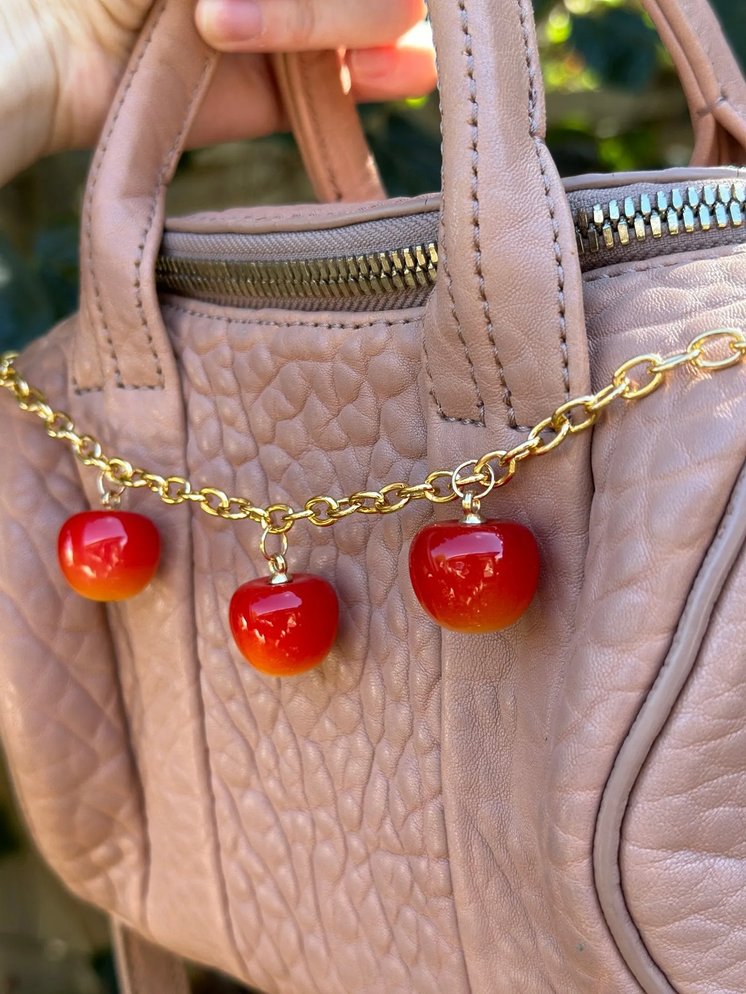 Cherry bag charm | key chain | golden chain with heart bucket | y2k chain | bag lover gift