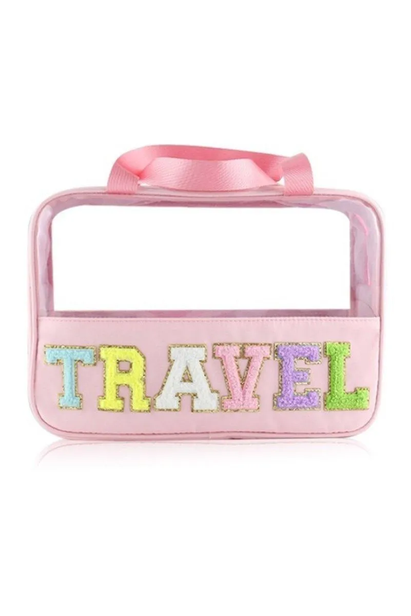 Clear TRAVEL Chenille Letters Makeup Bag