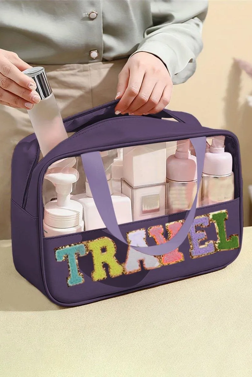 Clear TRAVEL Chenille Letters Makeup Bag