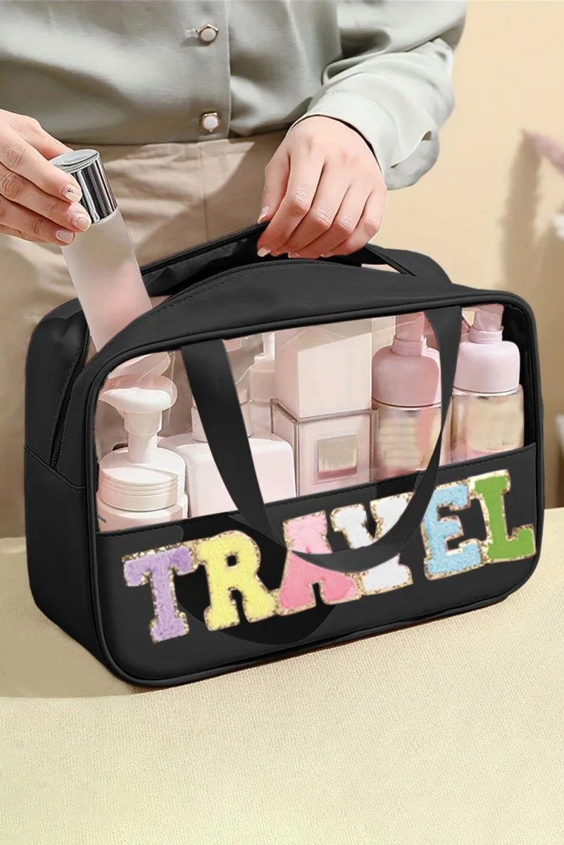 Clear TRAVEL Chenille Letters Makeup Bag