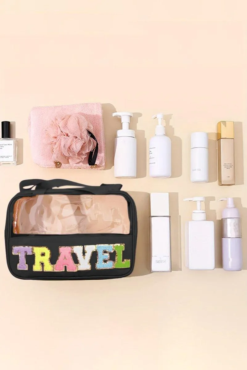 Clear TRAVEL Chenille Letters Makeup Bag