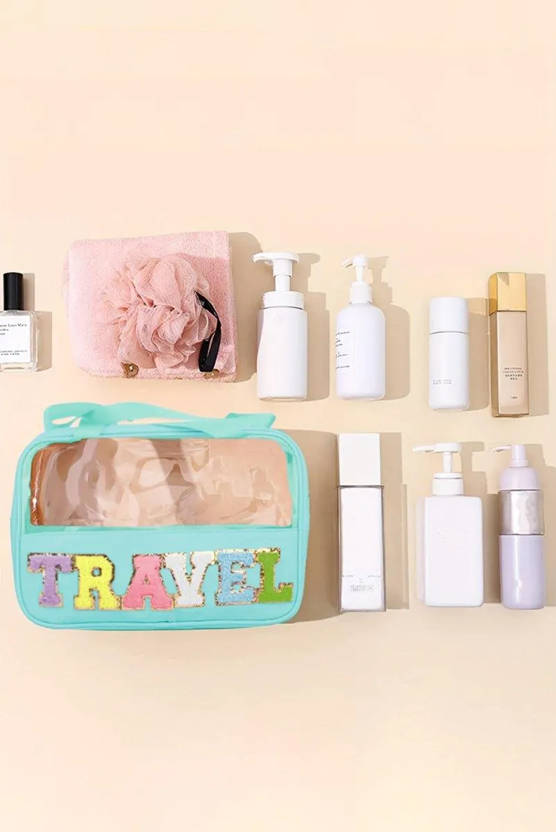 Clear TRAVEL Chenille Letters Makeup Bag