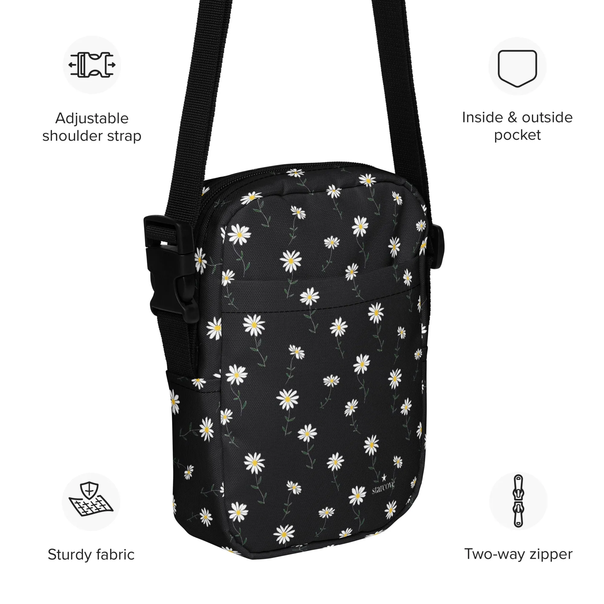 Daisy Floral Crossbody Bag Purse, Black White Flowers Women Men Phone Small Handbag Shoulder Ladies Zip Strap Designer Summer Cross Body