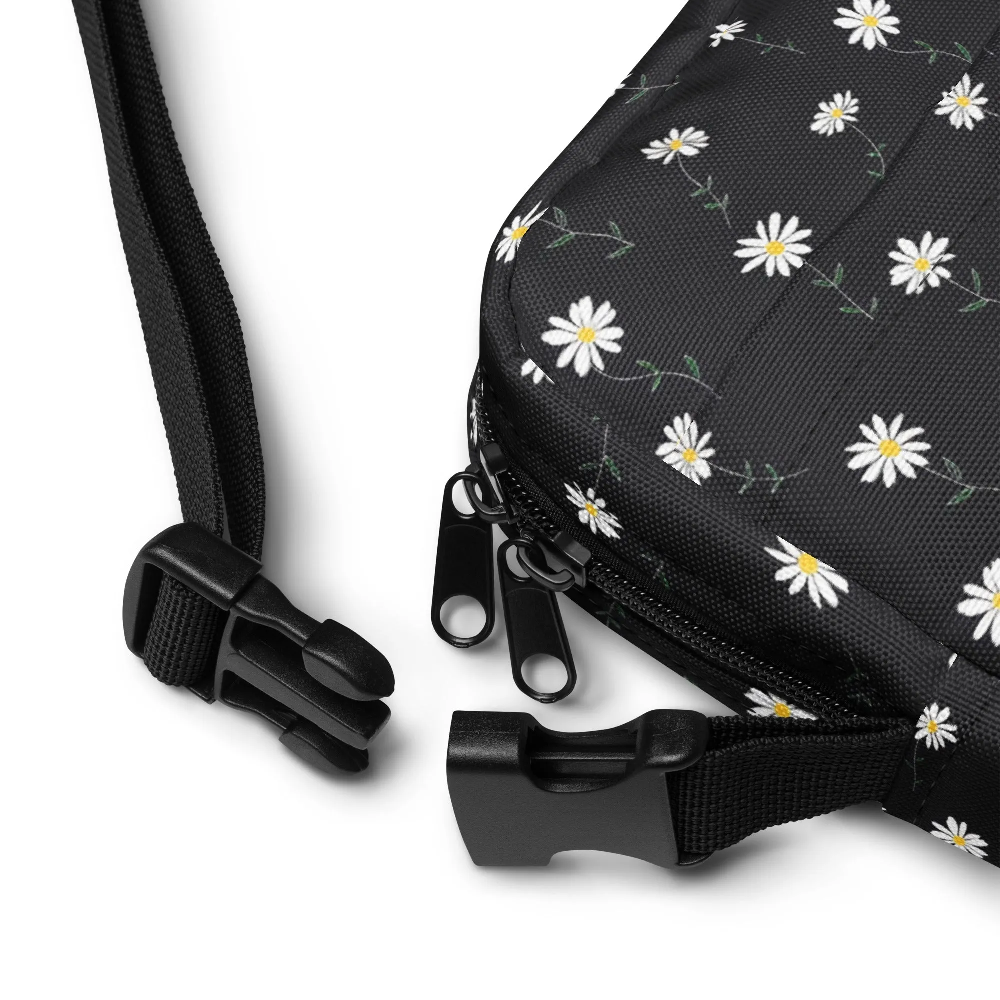 Daisy Floral Crossbody Bag Purse, Black White Flowers Women Men Phone Small Handbag Shoulder Ladies Zip Strap Designer Summer Cross Body