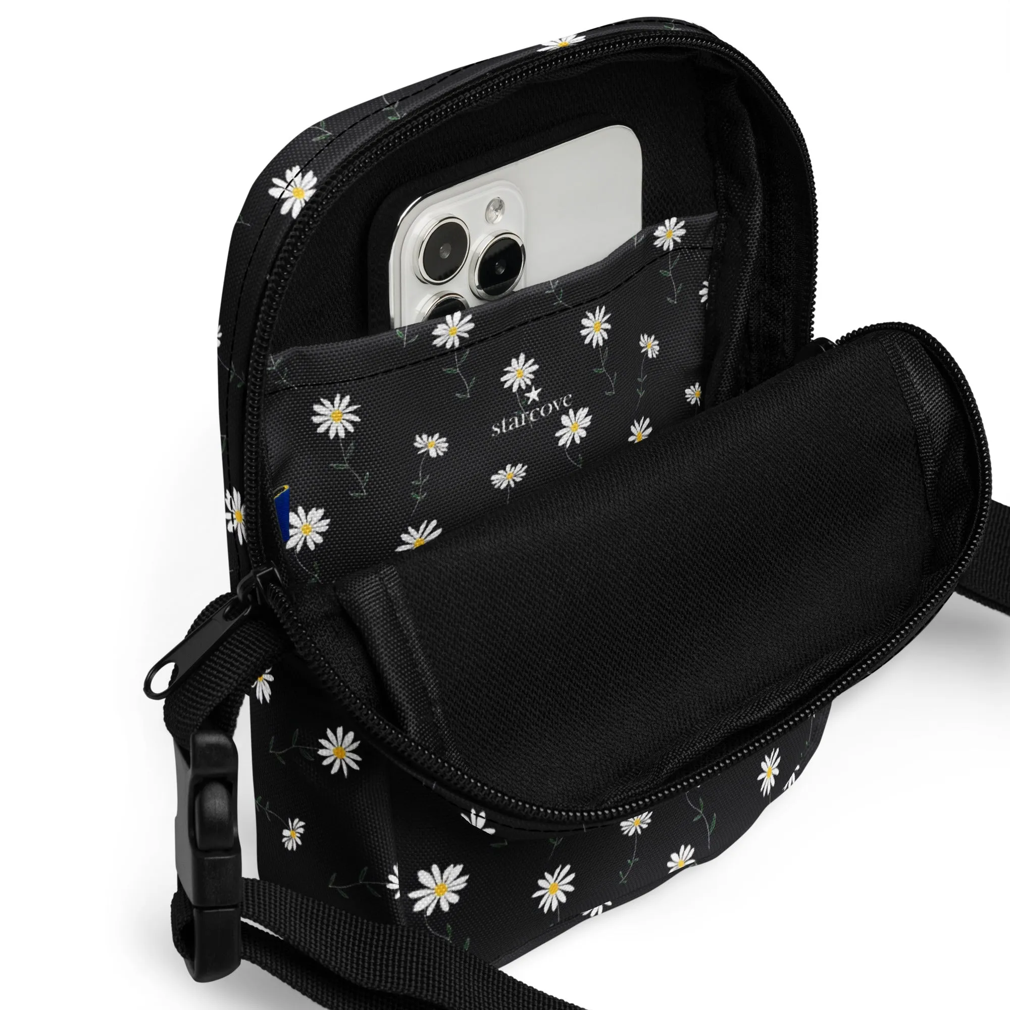 Daisy Floral Crossbody Bag Purse, Black White Flowers Women Men Phone Small Handbag Shoulder Ladies Zip Strap Designer Summer Cross Body