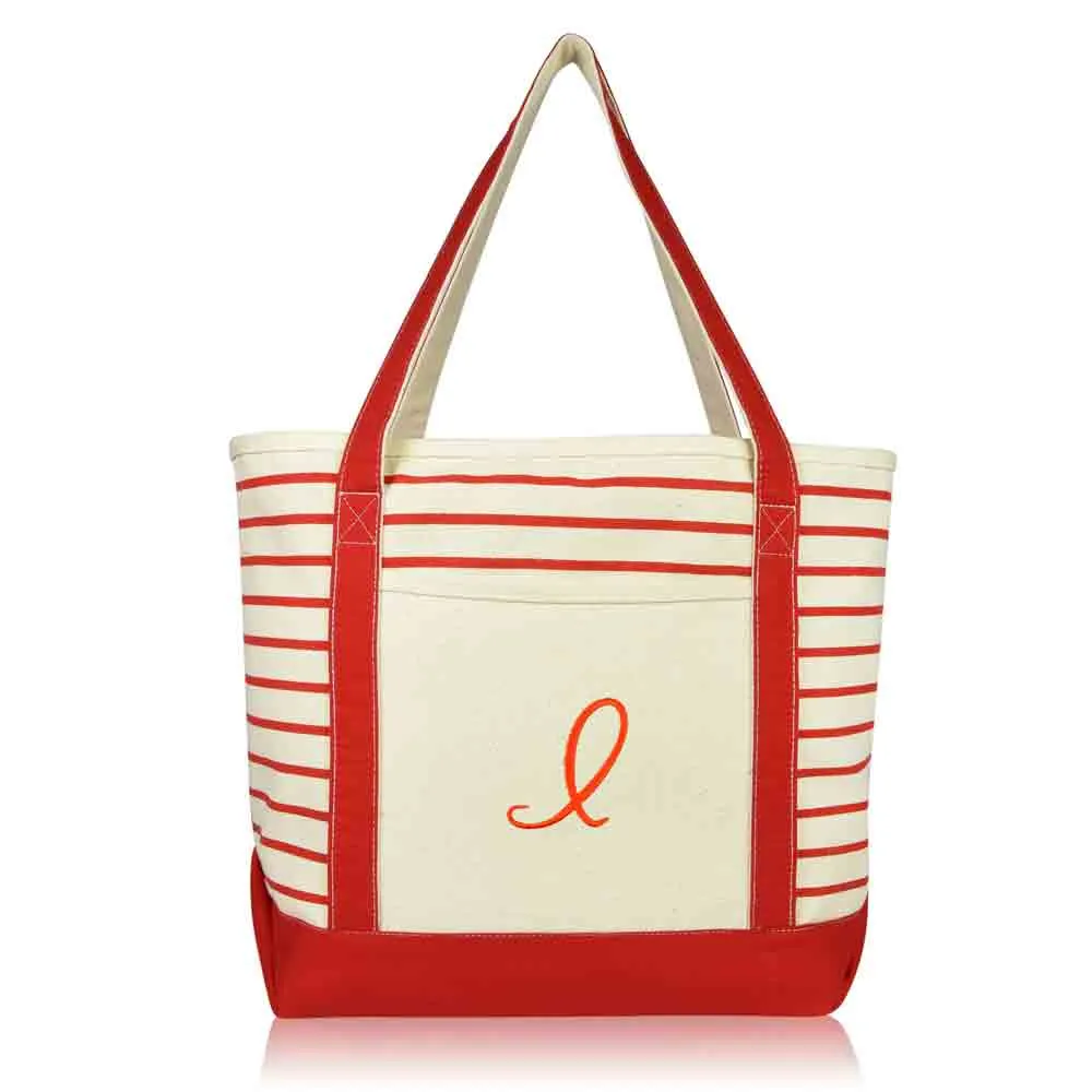 Dalix Striped I-Initial Tote Bag Womens Ballent Letter I