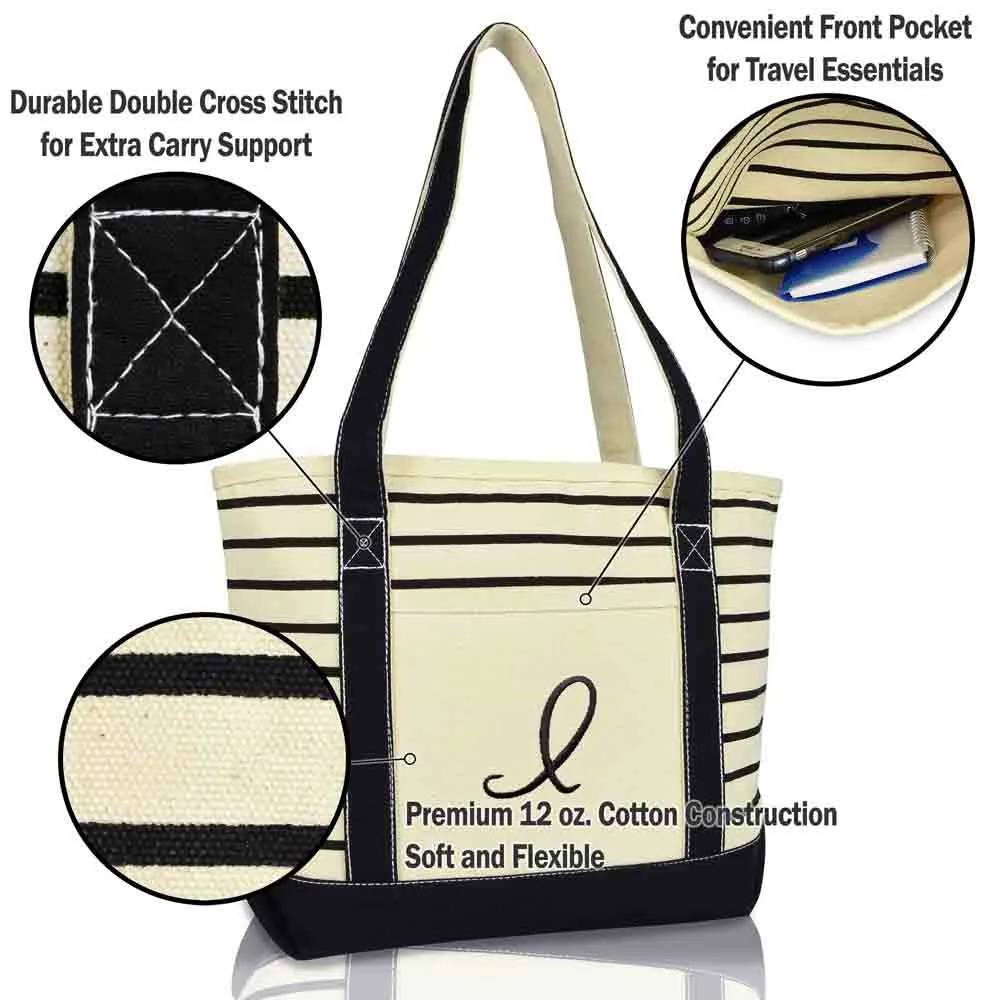 Dalix Striped I-Initial Tote Bag Womens Ballent Letter I