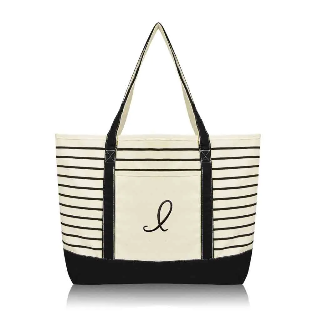 Dalix Striped I-Initial Tote Bag Womens Ballent Letter I