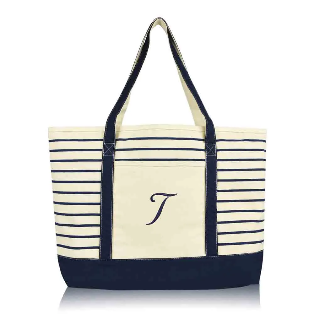 Dalix Striped T-Initial Tote Bag Womens Ballent Letter T