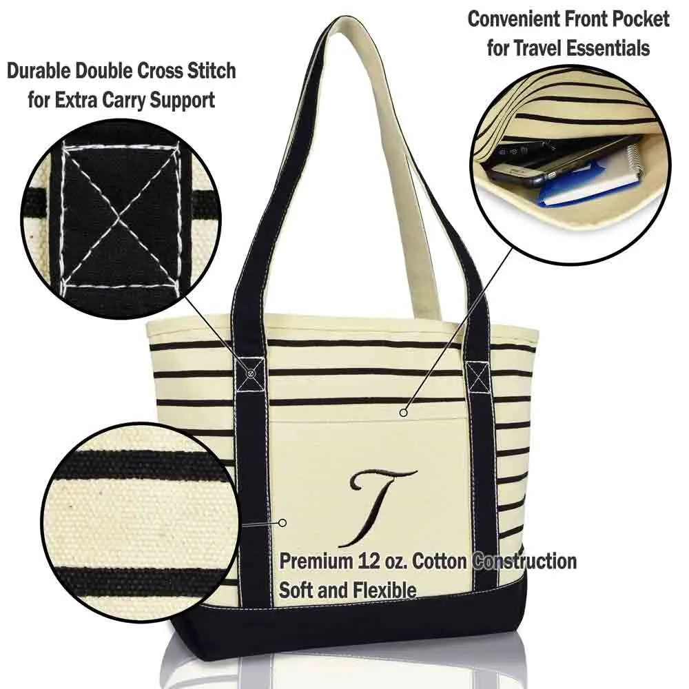 Dalix Striped T-Initial Tote Bag Womens Ballent Letter T