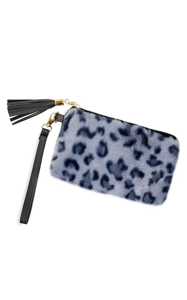 EAB9564 Grey Leopard Fur Crossbody Clutch Bag