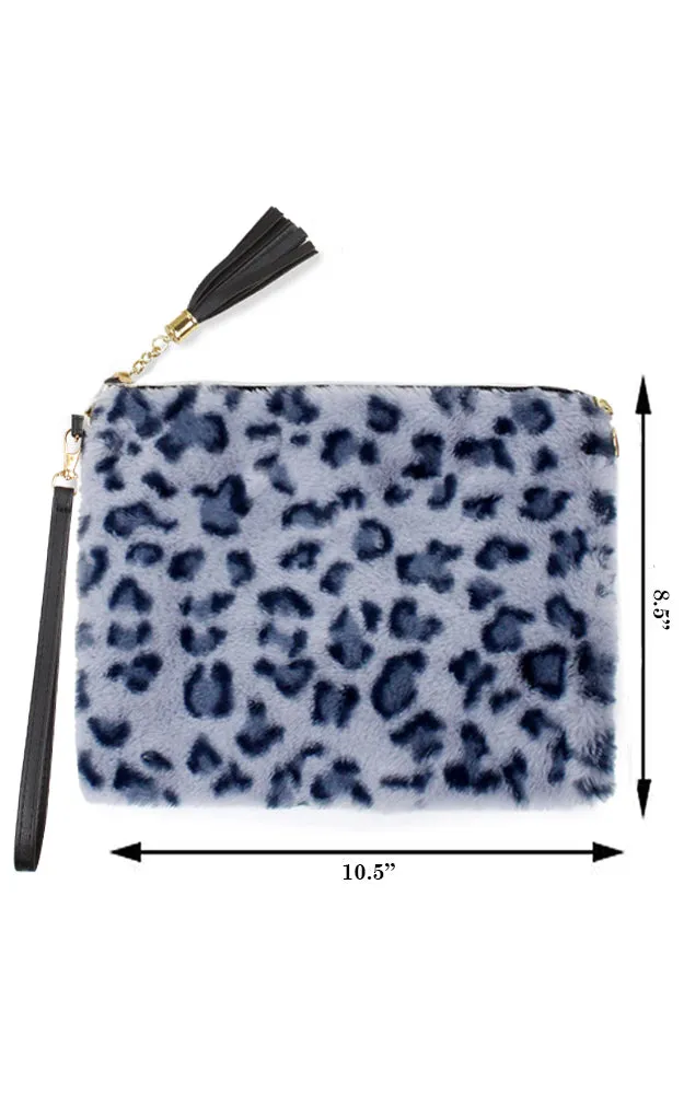 EAB9564 Grey Leopard Fur Crossbody Clutch Bag