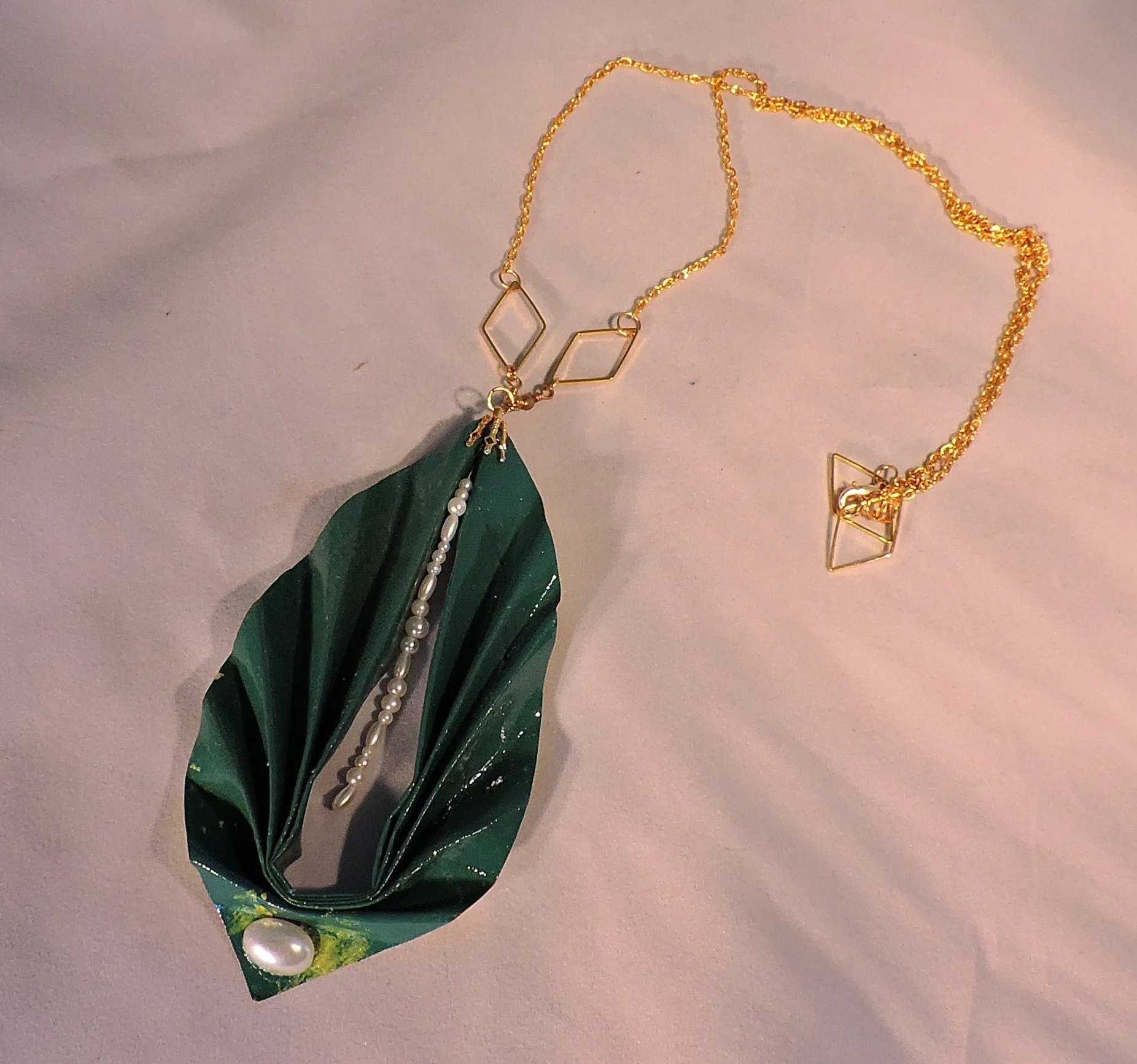 Eco Friendly Shaded Teal/Yellow Paper Bag Pendant With White Pearls