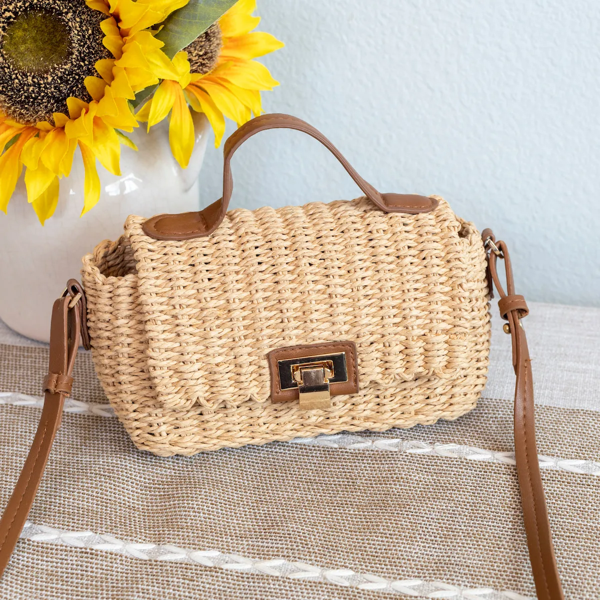 Elena Handbags Straw Woven Mini Flap Bag