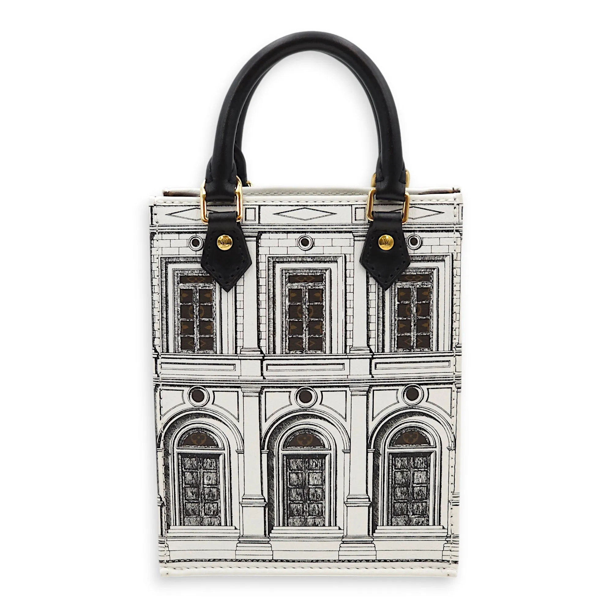 Fornasetti Petite Sac Plat White/Monogram Crossbody Bag in Canvas, Gold hardware