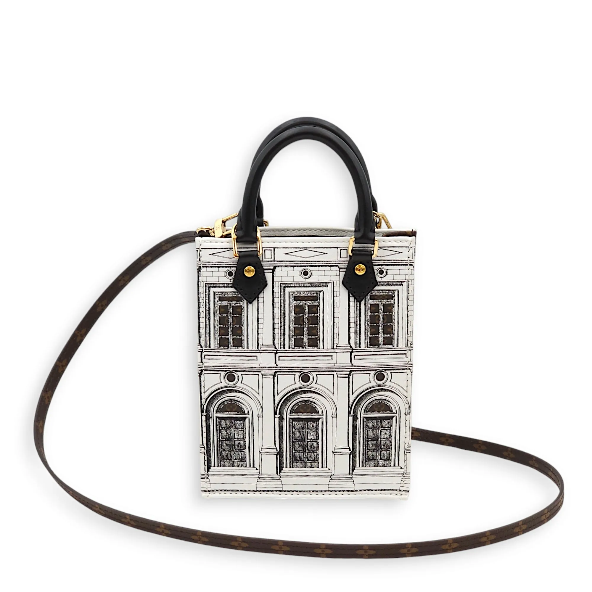 Fornasetti Petite Sac Plat White/Monogram Crossbody Bag in Canvas, Gold hardware