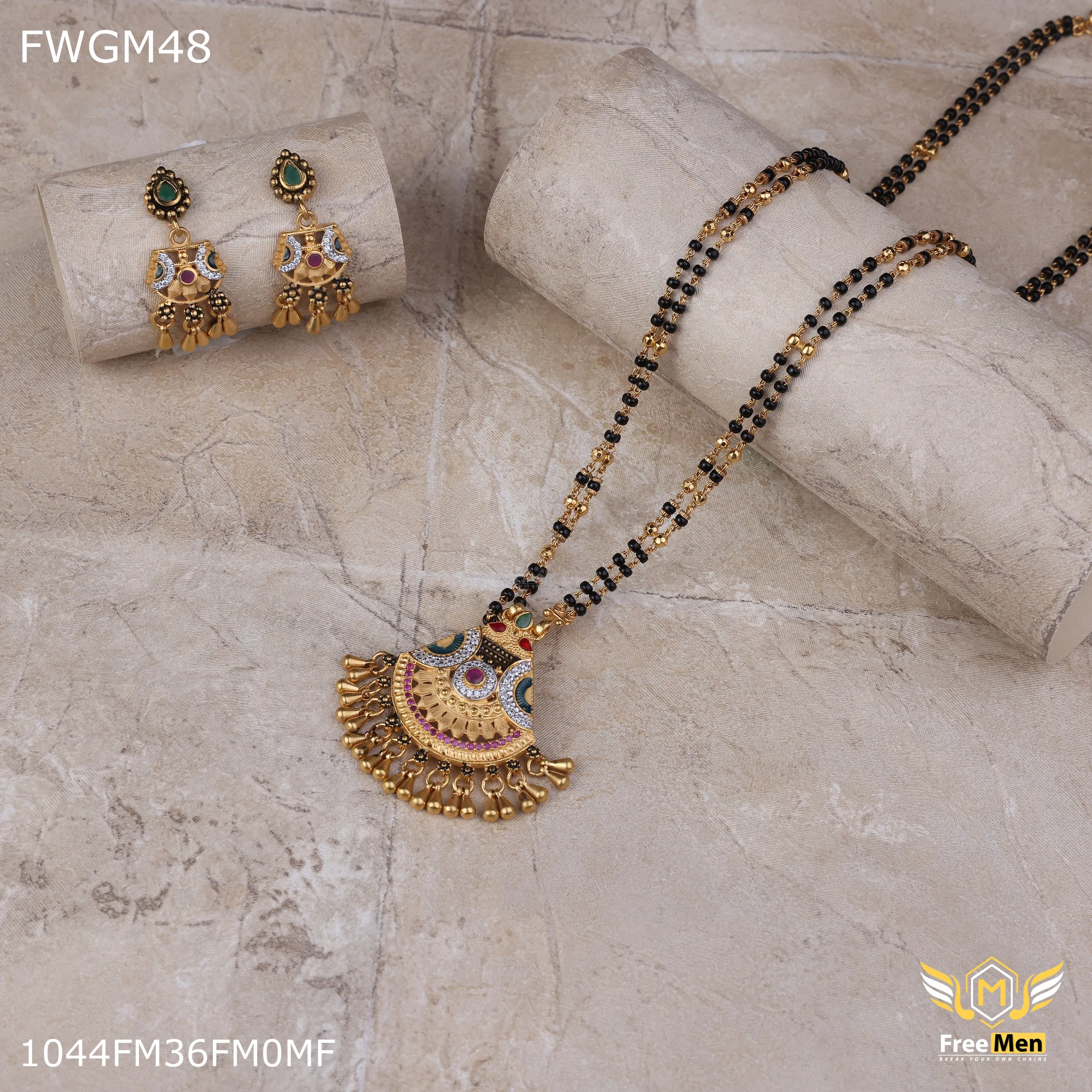 Freemen 1MG Triamgle Design mangalsutra With Earring for women - FWGM048