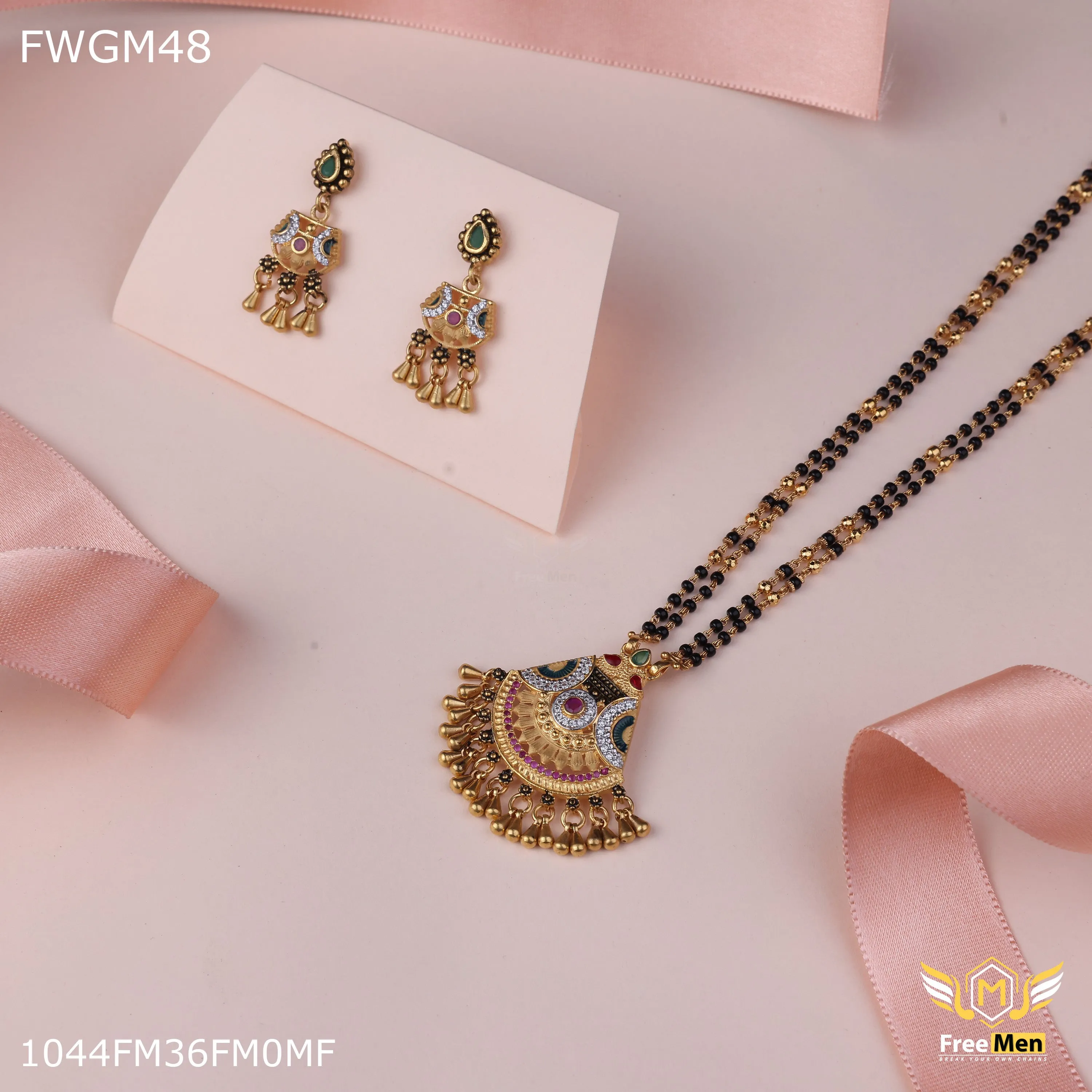 Freemen 1MG Triamgle Design mangalsutra With Earring for women - FWGM048