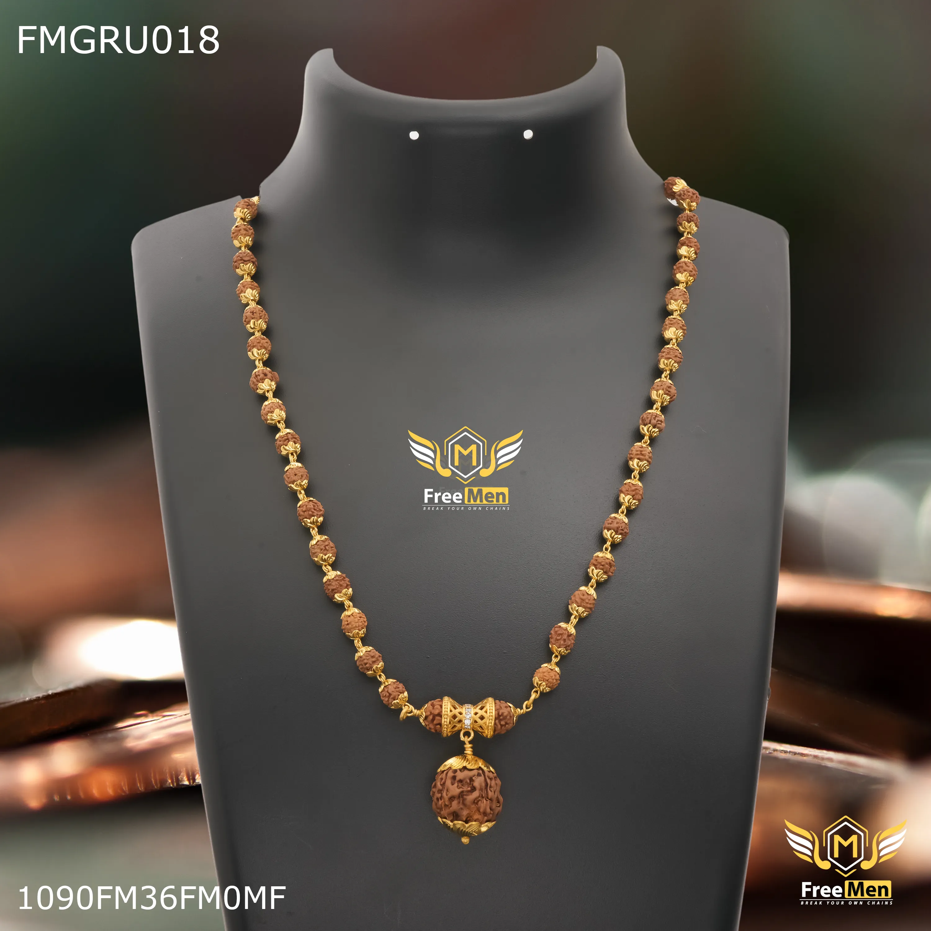 Freemen Brown Rudraksha with big rudra pendent Mala for Man - FMGRU018