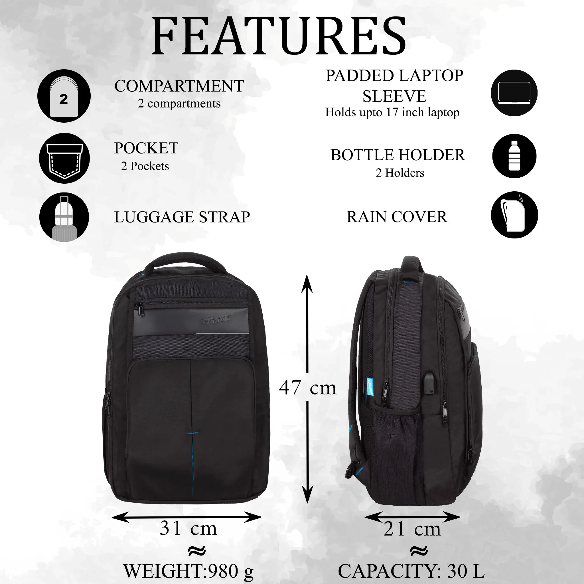 Gravity Black 30L Laptop Backpack with raincover