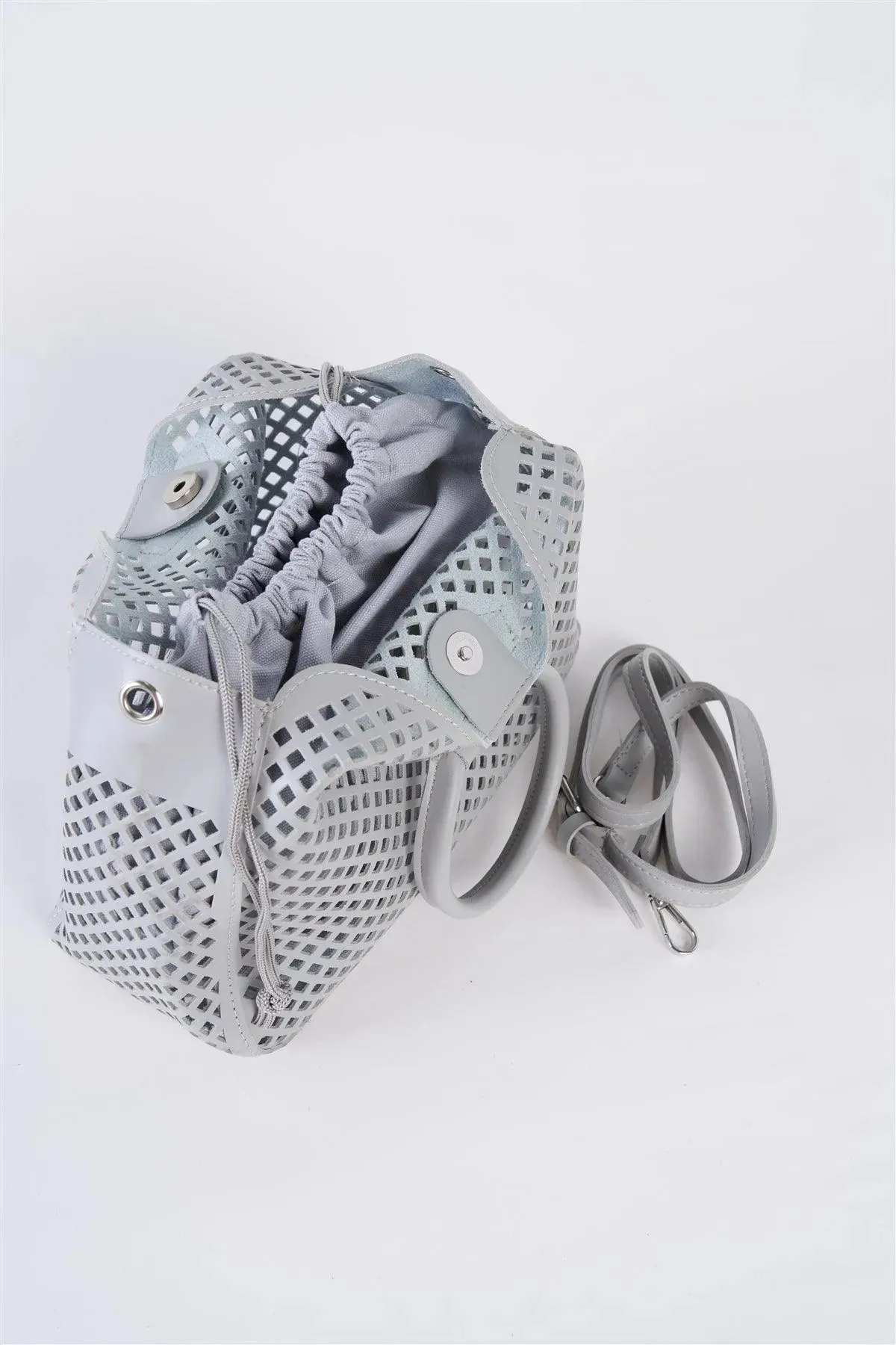 Grey Cloth Double Layered Faux Leather Mesh Hidden Magnetic Snap Button Closure Crossbody Handbag / 1 Bag