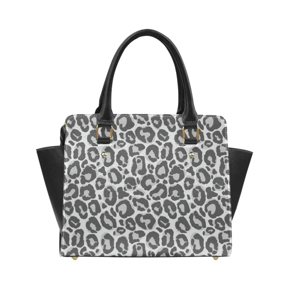 Grey Leopard Shoulder Purse Handbag, Animal Print Cheetah High Grade Vegan Leather Designer Women Gift Satchel Top Handle Zip Bag Strap