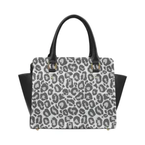 Grey Leopard Shoulder Purse Handbag, Animal Print Cheetah High Grade Vegan Leather Designer Women Gift Satchel Top Handle Zip Bag Strap