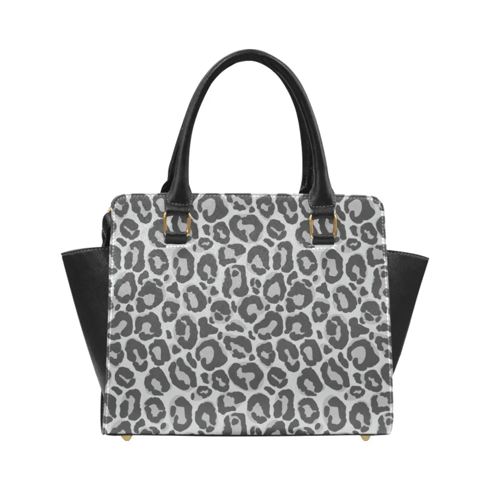 Grey Leopard Shoulder Purse Handbag, Animal Print Cheetah High Grade Vegan Leather Designer Women Gift Satchel Top Handle Zip Bag Strap