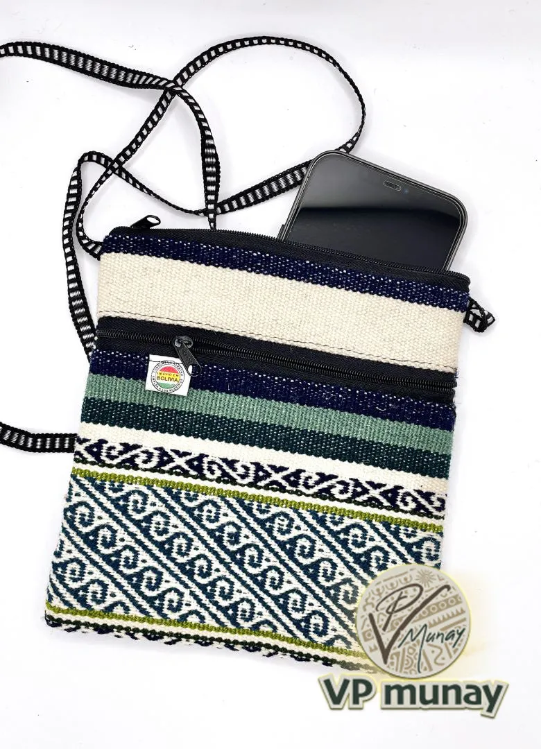 Handcrafted Teal stripes Cross Body / Passport Bag, Bolivia