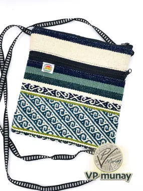 Handcrafted Teal stripes Cross Body / Passport Bag, Bolivia